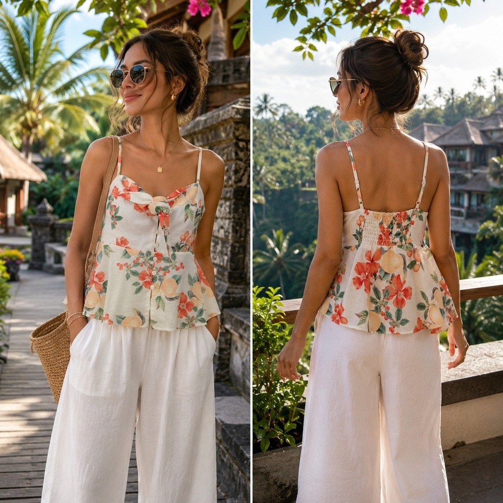 Sofia Vergara Cami Top M Floral Linen Blend Crop Spaghetti Flowy Resort Coastal